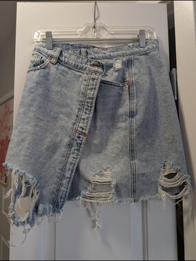 We The Free Light Blue Distressed Denim Mini Skirt